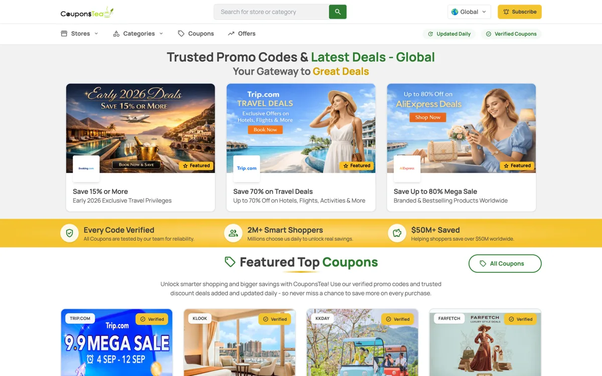 CouponsTea global deals platform home page with featured coupon campaigns