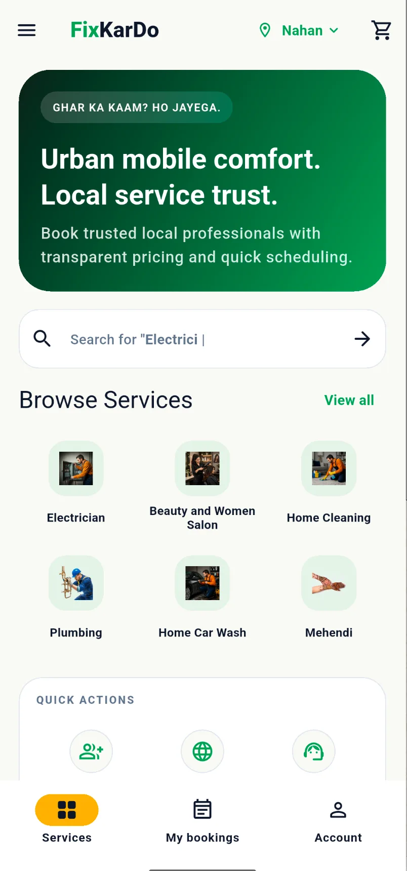 FixKarDo Android app home with service categories, search, and bottom navigation