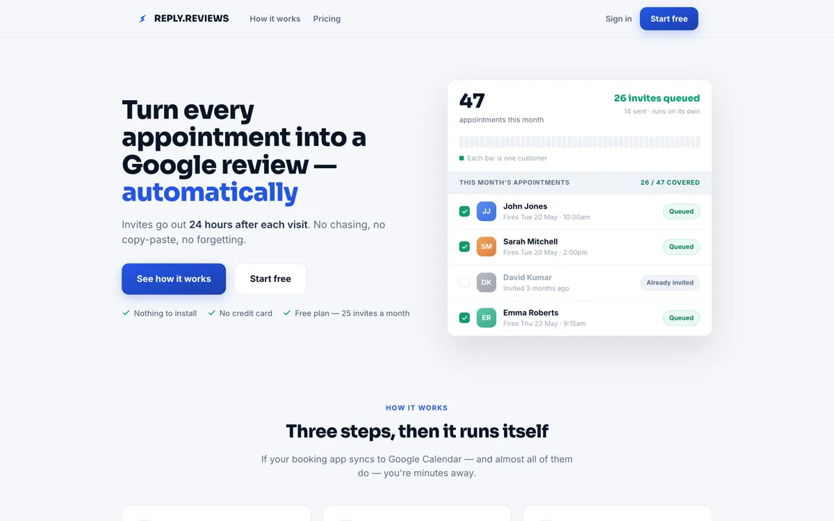 reply.reviews dashboard showing automated Google review invites queued after customer appointments