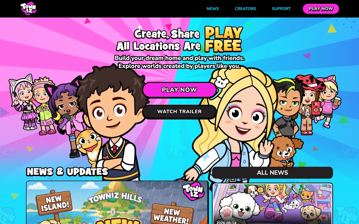 Towniz gaming site home page for My Town Games with news and updates